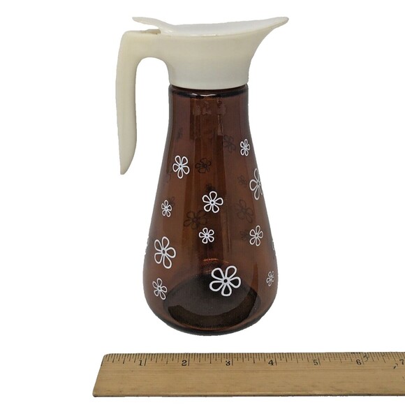 Thatcher Amber Glass Syrup Dispenser Daisy Flower Pattern Pitcher VTG 60's MCM - Picture 12 of 12